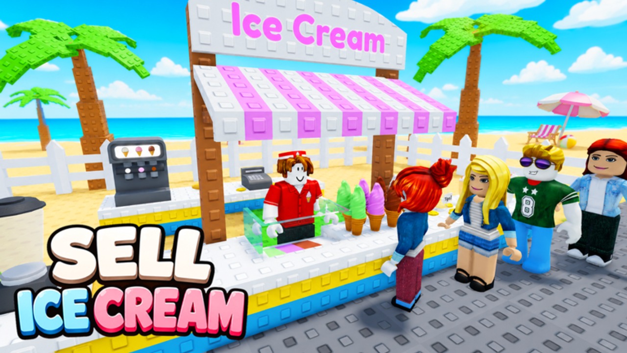 Gameplay de Sell Ice Cream no Roblox servindo sorvete a clientes